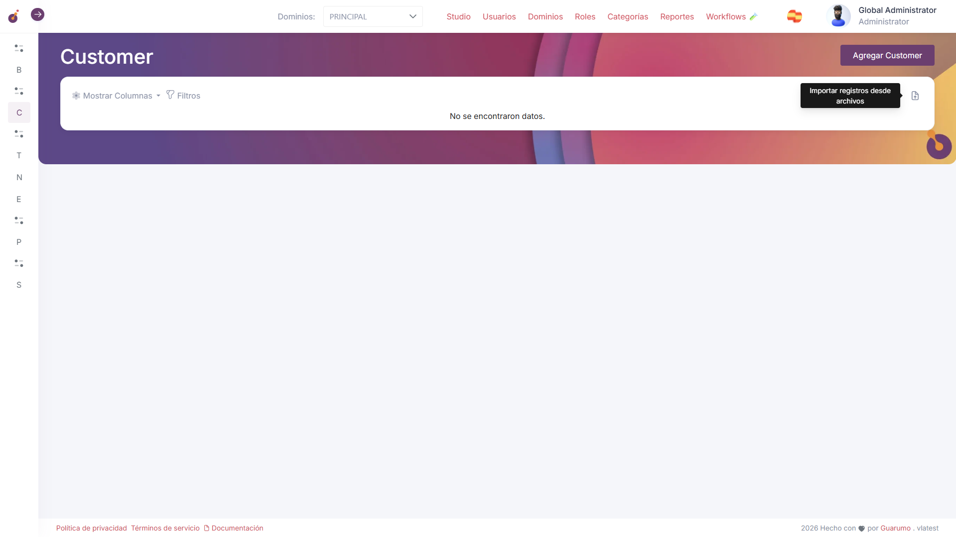 Botón de importación en la barra de herramientas