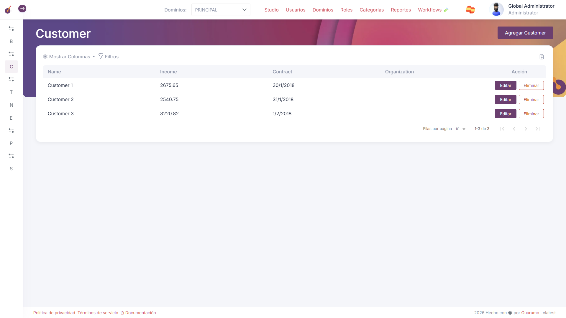 Lista de entidad después de la importación
