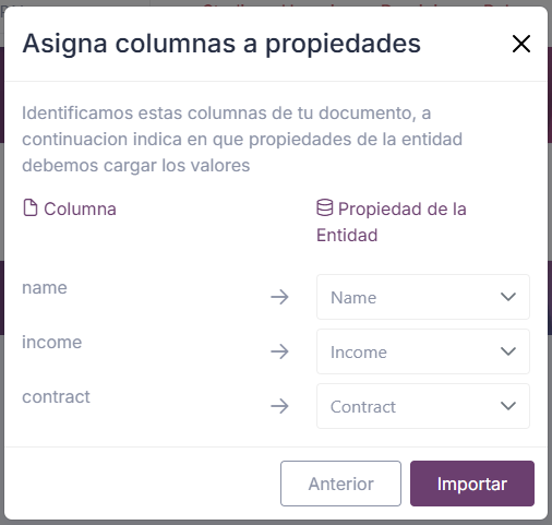 Paso de mapeo del modal de importación