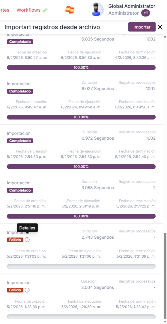 Detalles de fallos de importación