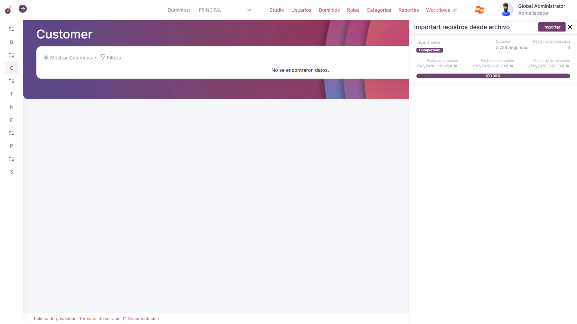 Panel lateral de importación