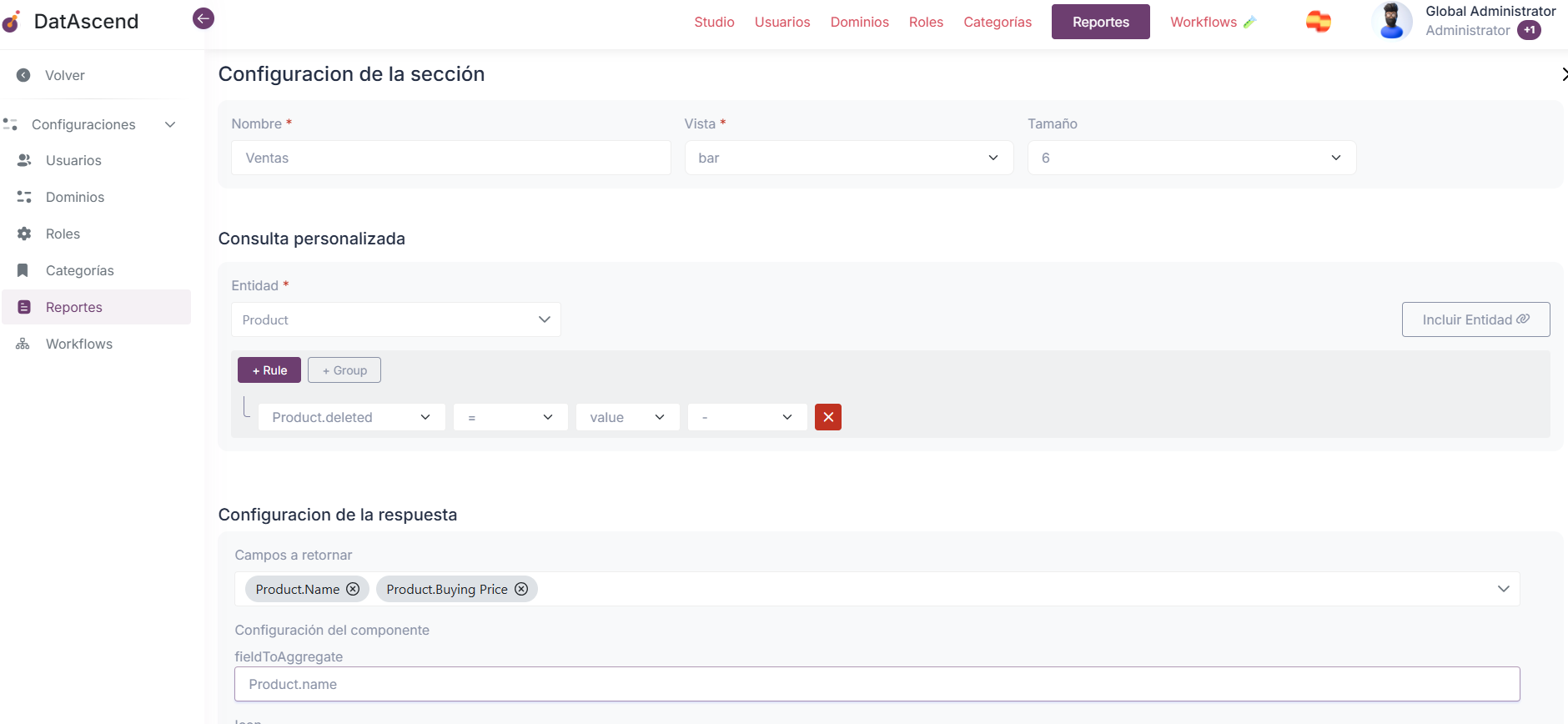 Configuración Sección Gráfico de Barras