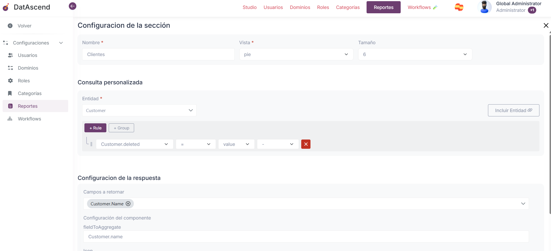 Configuración Sección Gráfico de Tarta
