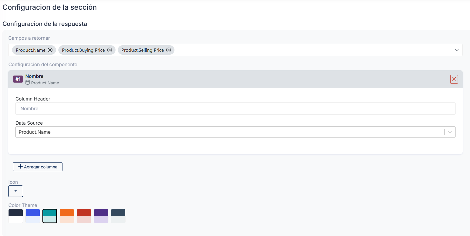 Campos Configuración Sección Tabla