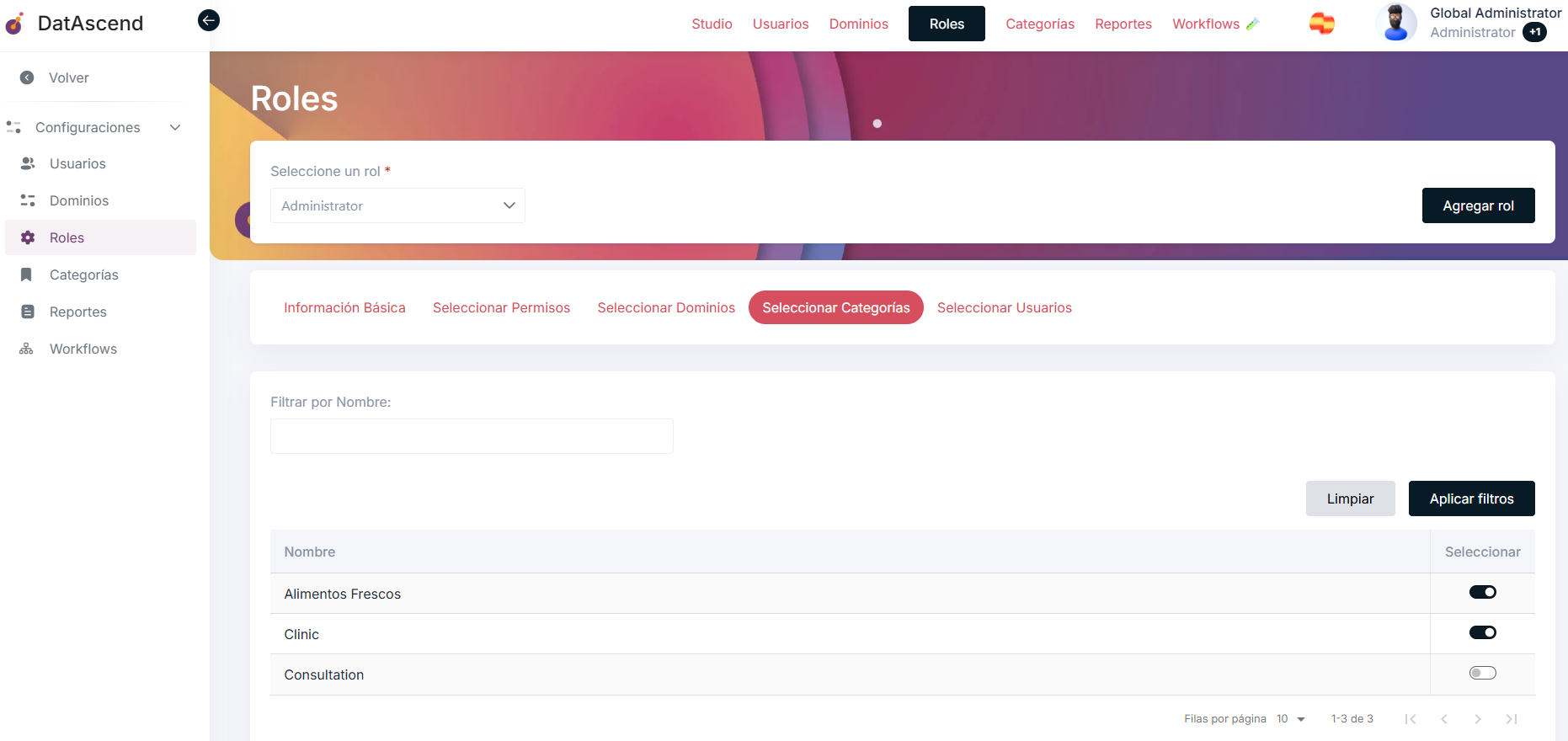 Categorías asignadas al rol