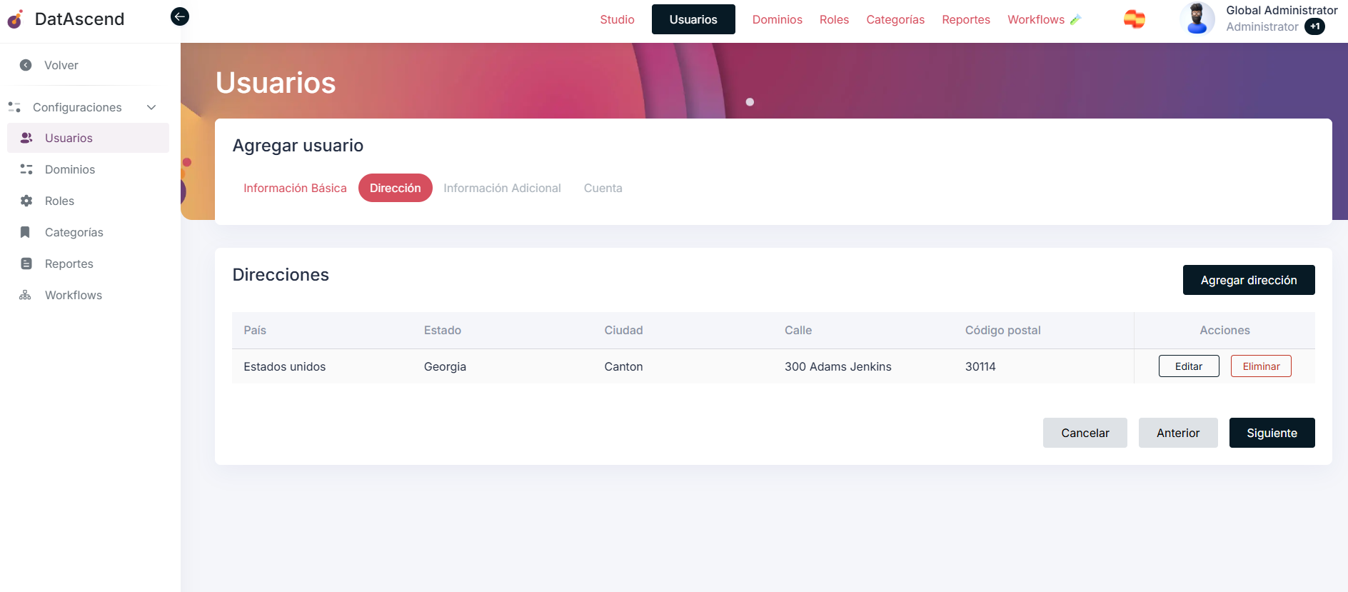 Detalles de dirección del usuario