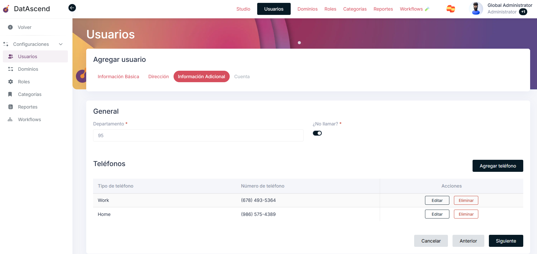Detalles adicionales del usuario