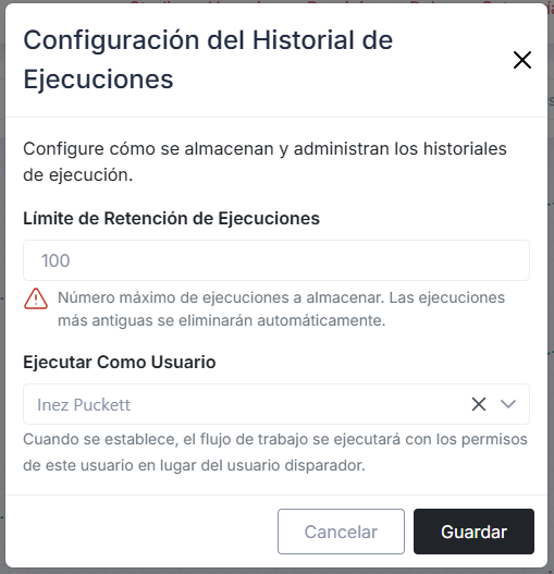 Diálogo de Configuración del Historial de Ejecución