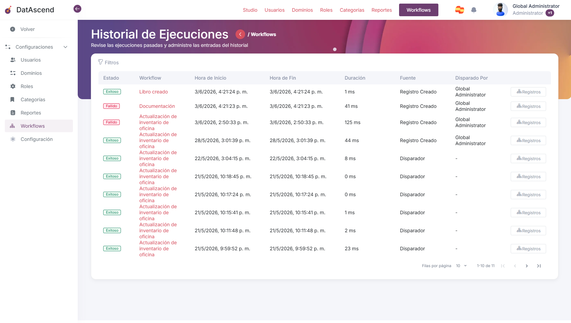 Página de Historial de Ejecución