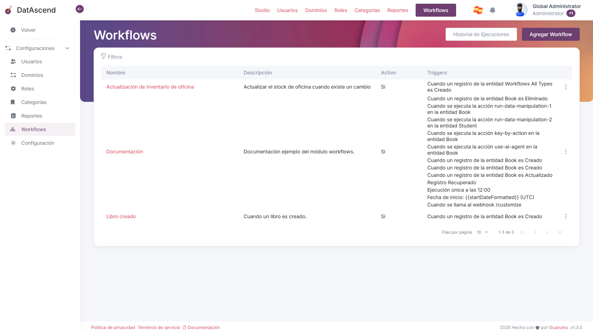 Página de Listado de Workflows
